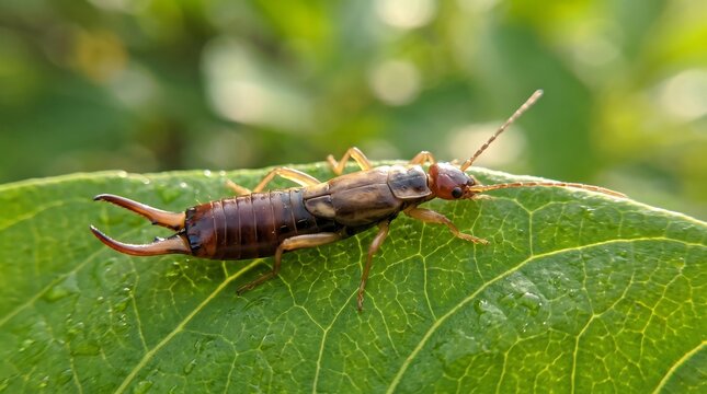 Earwig insect macro photography on green leaf, common earwig bug resting outdoors, close up garden pest crawling on foliage