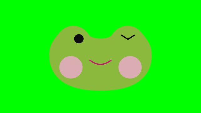 Cute cartoon frog face winking on green screen background.
