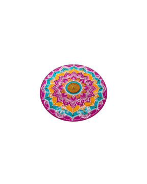 Colorful mandala art, intricate floral geometric pattern in pink and teal, spiritual meditation symbol for yoga and wellness decor