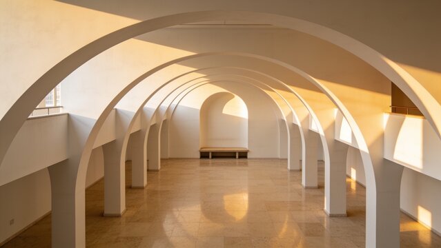 Forming central arcade in minimal hall, white arches casting long shadows across stone floor, bench