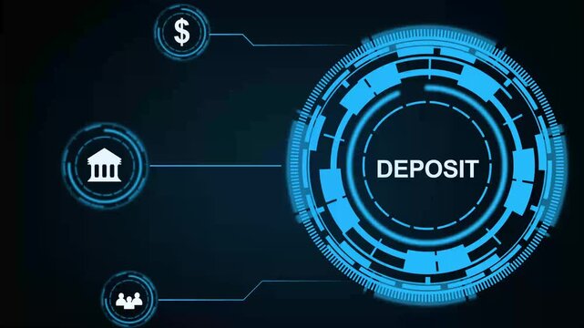 Blue digital finance interface showing a deposit button with banking, dollar, and user icons on a dark background.