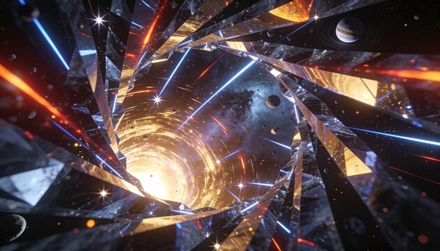 Spiraling crystal tunnel drawing asteroids toward golden vortex in outer space with ringed planet