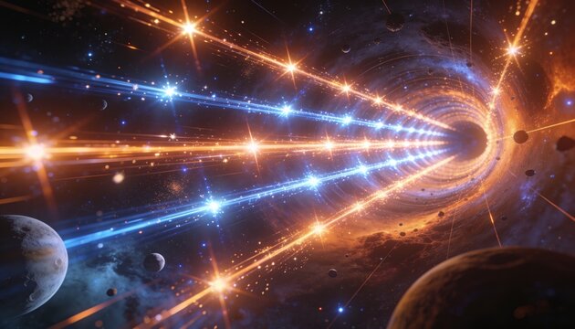 Drawing luminous wormhole pulling parallel blue and orange energy beams inward at right, copy space