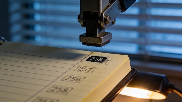 Stamping metal numbering stamp head marking boxed 258 on lined register at desk, with ink spatter