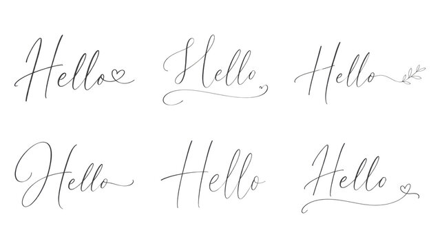 Six elegant handwritten "Hello" calligraphy variations with decorative flourishes, hearts and swashes in thin black strokes on a transparent background