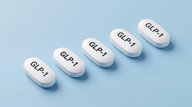 Five white oval pills labeled GLP one arranged on light blue background