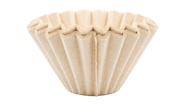 Paper coffee filter &mdash; Photorealistic paper coffee filter, single pleated cone-shaped filter made from fine off-white porous paper with crisp folded seam; front three-quarter macro view, razor-sharp