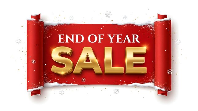 End of year sale banner with golden 3d text on a red paper scroll background isolated on white background