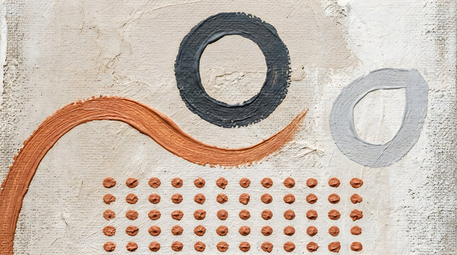 Abstract artistic composition with brown brush strokes circle shapes and small dots on gray paper