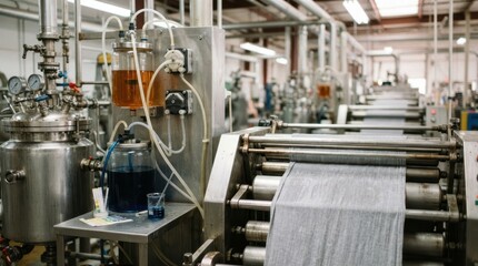 Fototapeta premium Textile chemical processing line with stainless reactors, reservoirs, pH strips, dosing pumps, and treated fabric rollers.