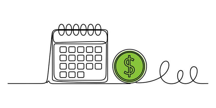 Continuous line drawing of a calendar and a dollar coin for financial planning