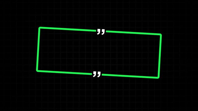 Tilted neon green rectangular quote frame with white quotation marks on a dark black grid background, offering copy space for modern text or speech design