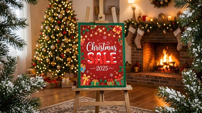 Christmas sale 2025 sign on a wooden easel in a cozy decorated living room with a christmas tree and fireplace
