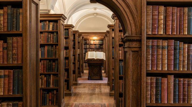 Old wooden library interior with many vintage books on shelves in a quiet historical university hall