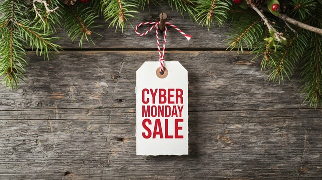Cyber monday sale tag hanging on a rustic wooden background with pine branches, festive holiday shopping concept