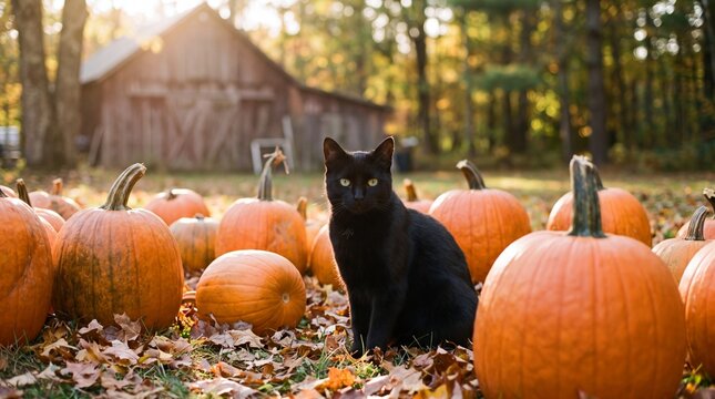 Black cat sitting among autumn pumpkins and fallen leaves in front of a rustic barn with domestic green eyes halloween seasonal outdoors countryside mysterious witchcraft