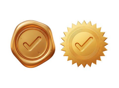Golden wax seal and serrated stamp with check mark isolated on transparent background