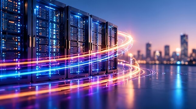 Futuristic Data Center Server Racks with Glowing Fiber Optic Light Trails Representing High Speed Internet Connectivity and Cloud Computing against a Blurred Cityscape Sunset Background