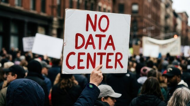 A protest sign reading NO DATA CENTER held during a demonstration.