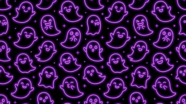 Seamless pattern featuring glowing purple neon ghosts on a black background.