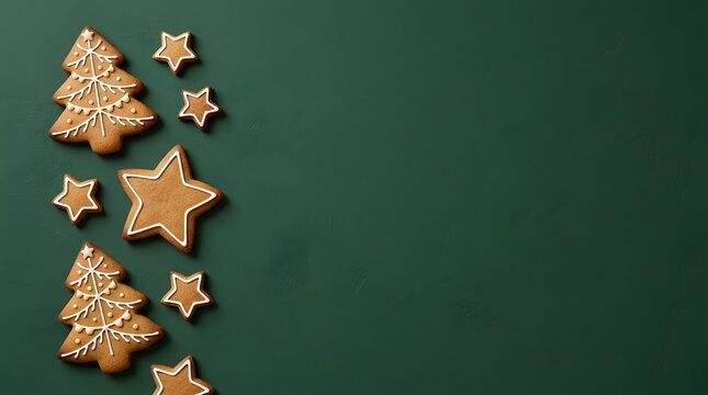 Festive christmas gingerbread cookies shaped like trees and stars on