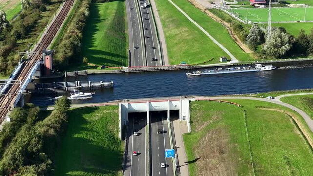 Aerial view of Aquaduct Mid-Fryslan near Akkrum, the Netherlands
