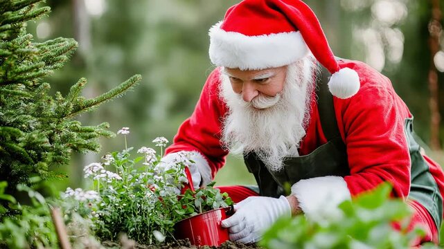 Santa claus joyfully tending to christmas plants in a festive garden environment