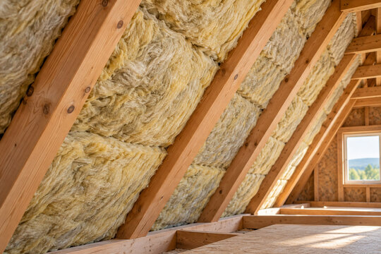 Fibrous insulation fitted between timber attic roof rafters