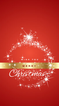 Wish you a Merry Christmas with sparkle bauble and golden strip on red background
