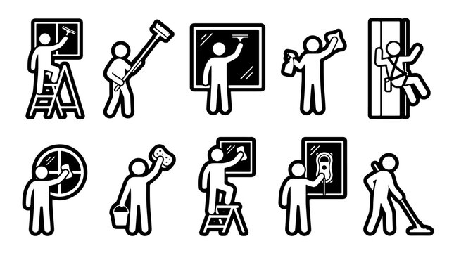 Window cleaning service icons, 10 professional janitorial pictograms, commercial glass washing maintenance symbols, minimalist black line art illustrations