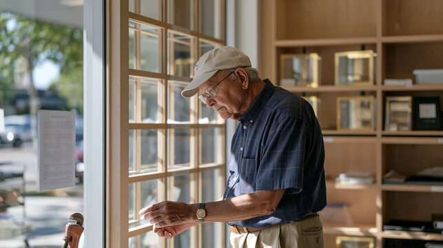 an elderly retail store owner slows to carefully inspect a half-finished window display on opening launch morning, warm indoor light catching the grain of the shelving as the