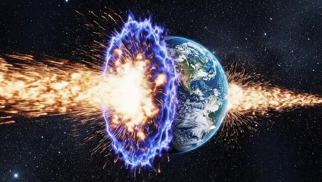 Cosmic Collision: An intense interstellar event as a fiery portal clashes with the planet Earth, creating a spectacular display of cosmic energy and destruction in the vast expanse of space.