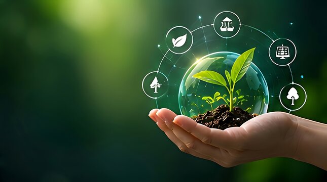 Hand holding a young plant in a glass globe with digital environment icons, representing sustainable development, green technology, and ecological protection on a blurred nature background.