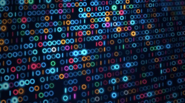 Glowing colorful binary code wall representing digital data flow and information technology.