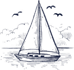 Hand Drawn Sailboat on the Sea Line Art Illustration © 예지 최