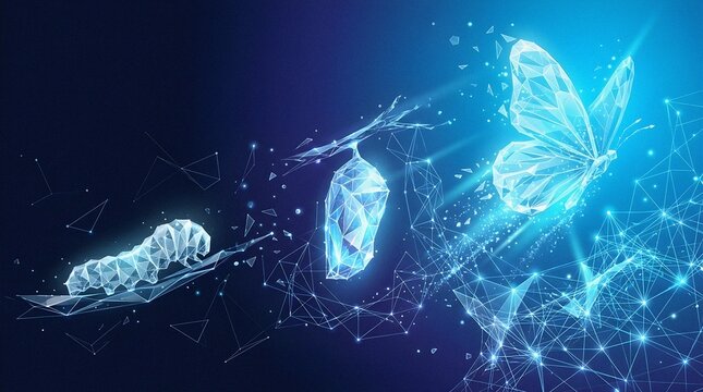 Digital transformation concept with butterfly metamorphosis from caterpillar