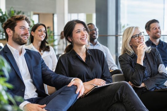 Happy business colleagues watching a presentation in a modern office