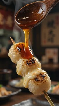 Sweet soy glaze drizzles over charred dango balls wrapped in melted stretching mozzarella