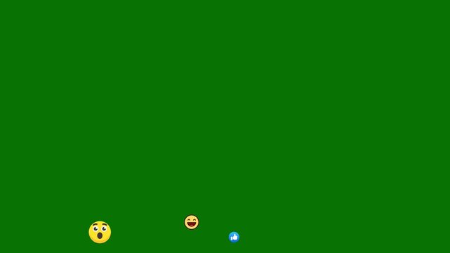 Floating social media style emojis on a green background, like, heart, ha ha animation flying moving upwards direction while chatting and streaming meetups, 4k video
