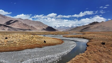 Naklejka premium winding river and distant mountains on pamir plateau