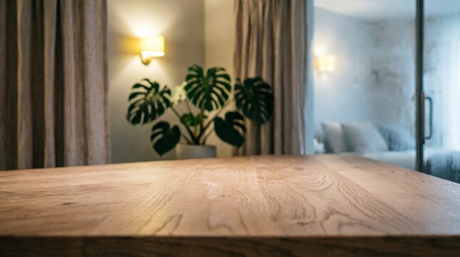 Wooden Table Surface In A Cozy Living Room With Monstera Plant And Warm Lighting For Interior Design