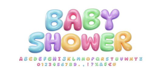 3D glossy alphabet font baby shower element set with balloon letters. Rounded plasticine letters, numbers and symbols create colorful typography for school, learning and party designs.
