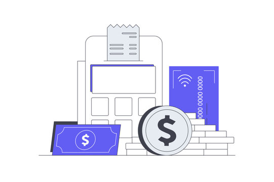 Retail Transactions Payment and POS Terminal Contactless Banking. POS Payment Terminal Displaying Paper Receipt Credit Card and Money Cash Stack. Flat Cartoon Vector Illustration icon Stylish abstract