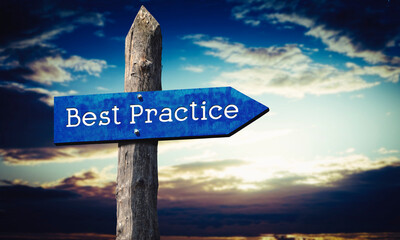 Best practice - wooden signpost with one arrow, sky with sunset clouds © PX Media