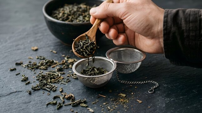 Tea leaves being spooned into a metal infuser on a dark textured slate countertop.