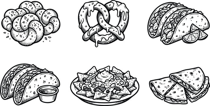 Vintage Pretzels Tacos Nachos and Tortilla Snacks Hand Drawn Food Engraving Collection