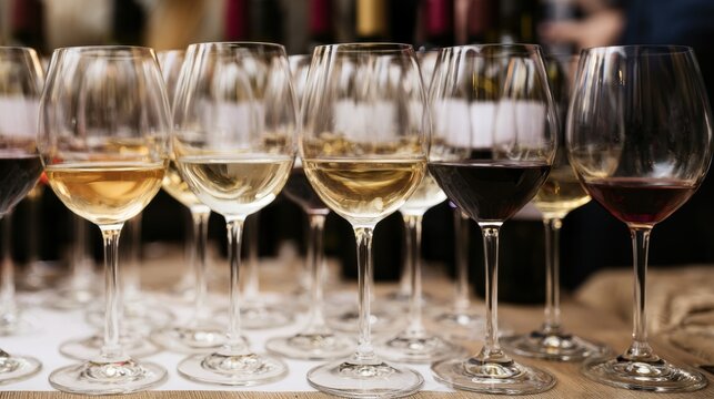 Wine tasting event with various types of wines displayed in glasses on a table
