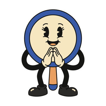 Vintage Cartoon Mascot Magnifying Glass Smiling with Praying Hands