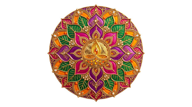 Colorful diwali mandala with central diya lamp isolated on transparent background