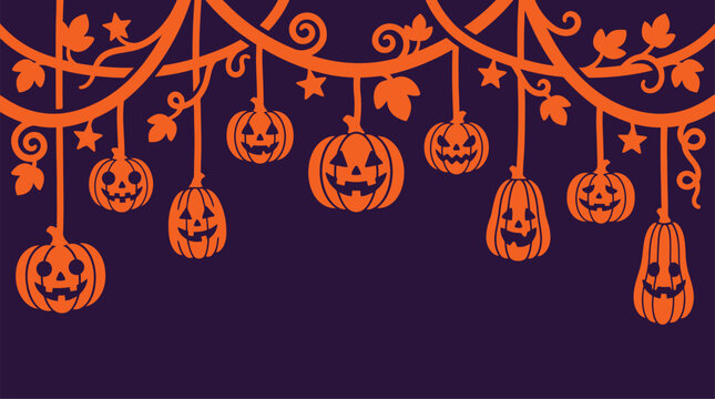 Halloween background vector illustration featuring hanging banners of orange carved jack o lanterns and swirling vine garlands against a dark purple patterned backdrop